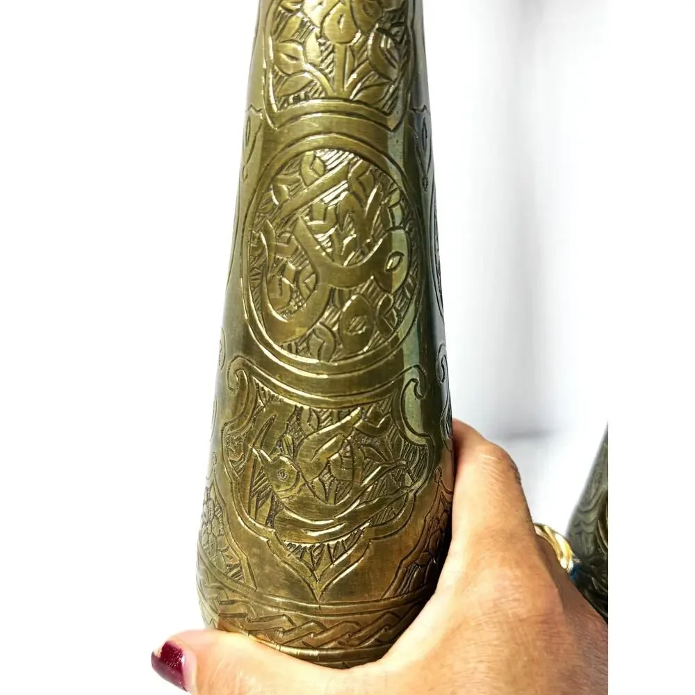 Vintage Brass Engraved Vases Set of 2 Arabic Motif Etched Brass Bud Vases 10” 11